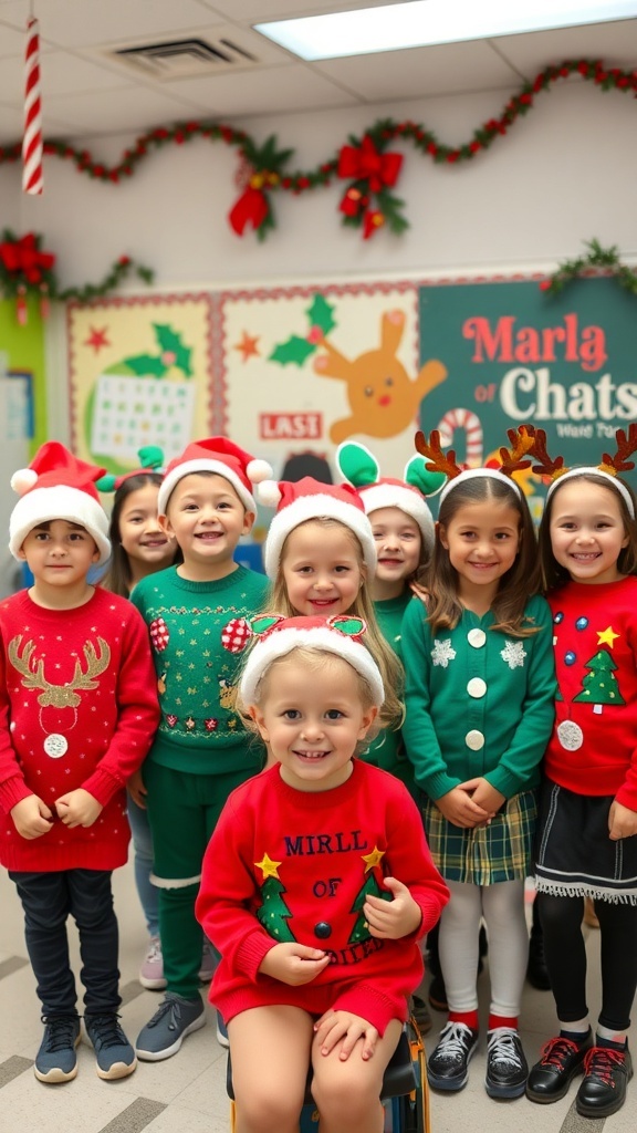 Students in Christmas outfits, including sweaters, hats, and accessories, celebrating the holiday spirit in a decorated classroom.